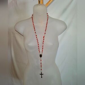Antique Vintage Red Beads Rosary Saint Therese and crucifix with red pouch